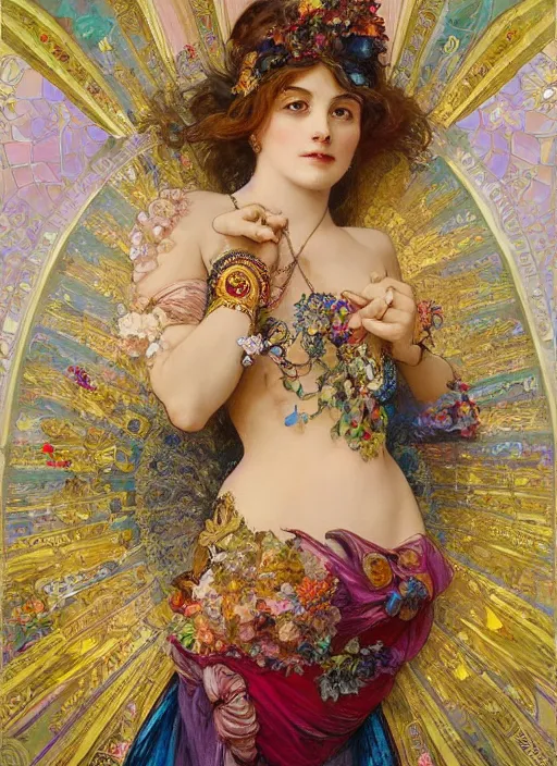 Prompt: an woman in an elaborate and ornate dress lies on a bed of colorful jewels. painting by artgerm and greg rutkowski and alphonse mucha.