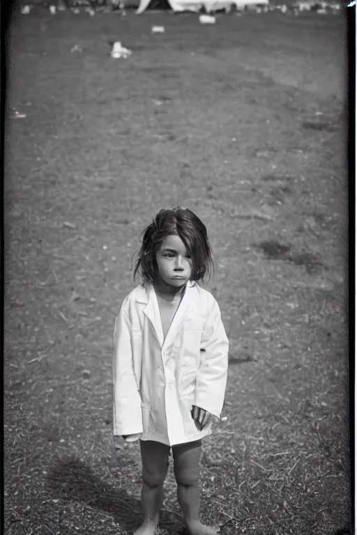 Image similar to photo polaroid of a sad and lonely child in a white coat and barefoot stands in the middle many big tents of field hospitals, pandemic, covid, loneliness, black and white ,photorealistic, 35mm film,