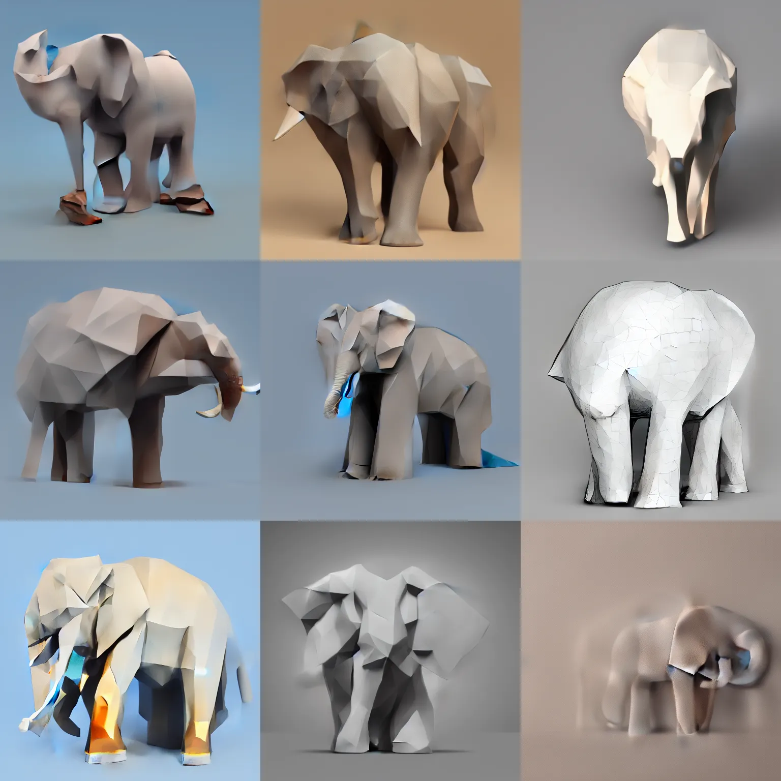 Prompt: a low poly elephant on a neutral background