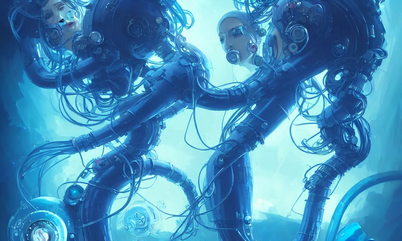 Prompt: Smal cyberpunk jellyfish, blue tones, underwater, 360, highly detailed, digital painting, artstation, concept art, smooth, sharp focus, illustration, art by artgerm and greg rutkowski and alphonse mucha