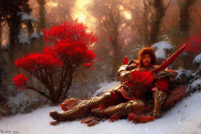 Image similar to winter, a male warrior wearing armor relaxing under a world tree with red flowers, ground covered with snow, extreme long shot, fantasy, painting by gaston bussiere, craig mullins, j. c. leyendecker, trending on artstation