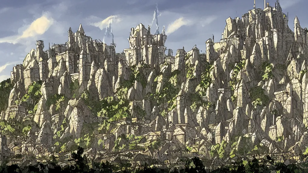 Image similar to a genndy tartakovsky illustration of minas tirith from lord of the rings