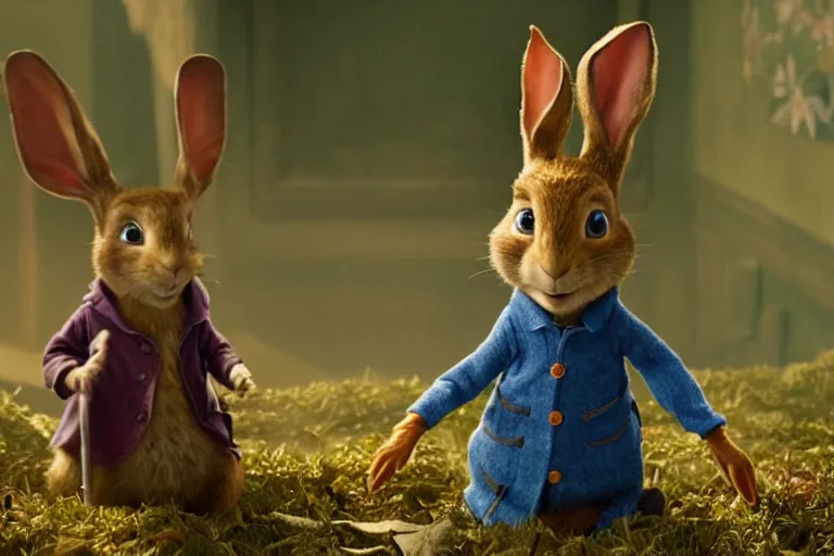 Image similar to Peter Rabbit in Coraline (2007), highly detailed, high quality, HD, 4k, 8k, Canon 300mm, professional photographer, 40mp, lifelike, top-rated, award winning, realistic, sharp, no blur, edited, corrected, trending