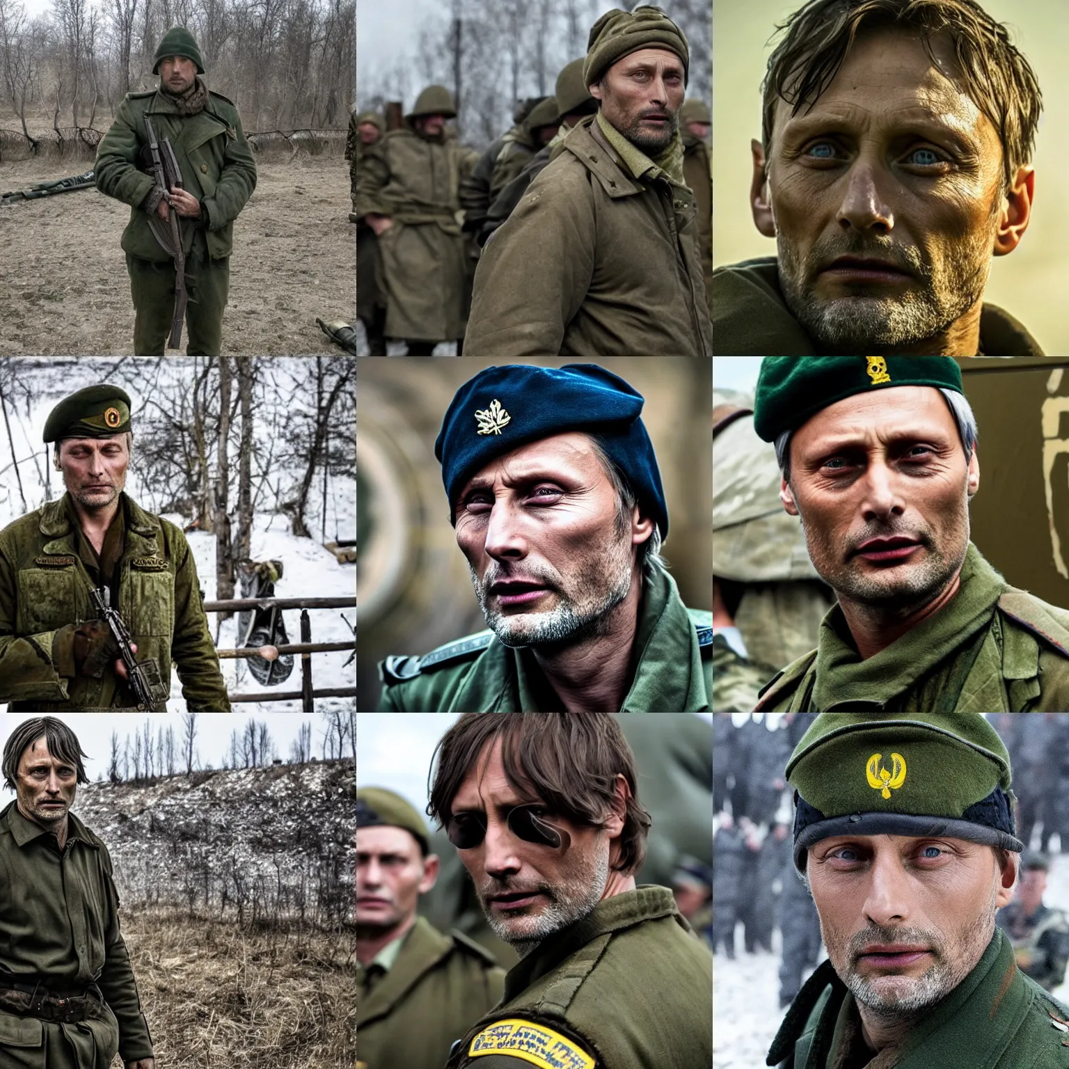 Prompt: Mads Mikkelsen in Ukrainian Azov Battalion at war
