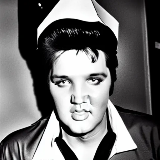 Image similar to a photo of elvis presley. a man with a paper bag on his head. a paper bag covering elvis presley's face