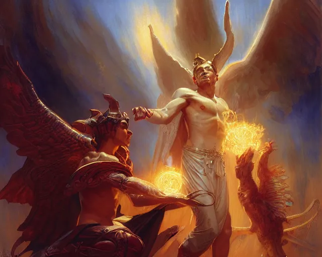 Image similar to attractive male deity, casting demonic magic, summoning handsome lucifer morning star. highly detailed painting by gaston bussiere, craig mullins, j. c. leyendecker 8 k