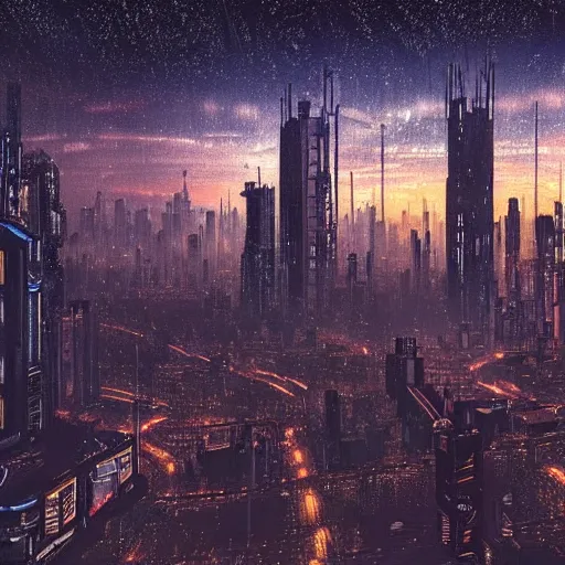 Image similar to cyberpunk dystopian city during a sunset in the style of starry night