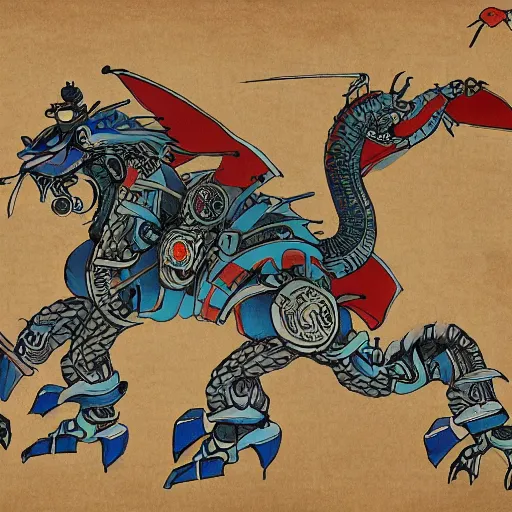 Image similar to robot samurai pets dragon, medieval style, speechclouds