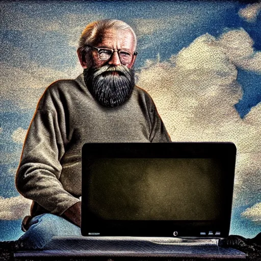 Image similar to dignital art of a bearded old man sitting on a cloud in the sky using a desktop computer 3 5 mm hdr sunny