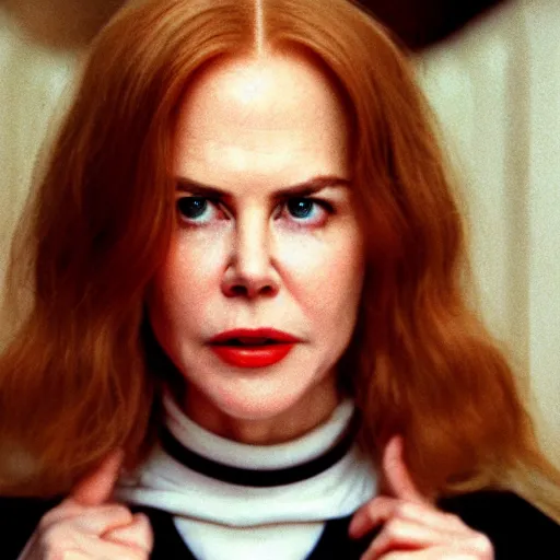 Prompt: Nicole Kidman in The Shining by Stanley Kubrick, cinematic, symmetrical face, 35mm lens, cinestill 400t film