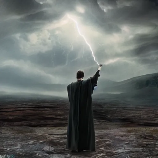 Image similar to Harry potter standing and casting a short wand, back view, thunderclouds, cinematic shot, wide shot, epic scale, waving robe movement, photorealistic detail and quality, intricate ground stone, magical sigils, floating particle effects, movie still, nighttime, crescent moon, sharp and clear, action shot, intense scene, visually coherent, symmetry, rule of thirds, movement, photorealistic colors, cool colors transitioning to warm colors, modest tone, award winning, directed by Steven Spielberg, Christopher Nolan, Tooth Wu, Asher Duran