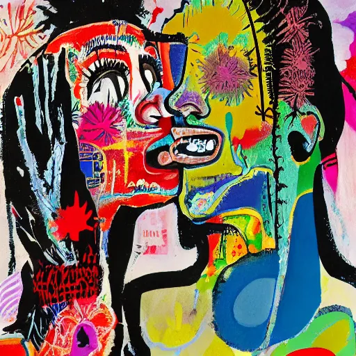 Prompt: acrylic painting of two bizarre psychedelic women kissing in japan in spring, speculative evolution, mixed media collage by basquiat and jackson pollock, maximalist magazine collage art, sapphic art, psychedelic illustration