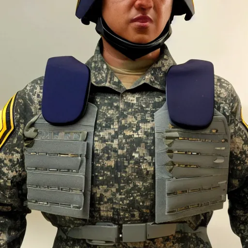 Image similar to a futuristic soldier captain with a ballistic visor and a blue shoulderpad