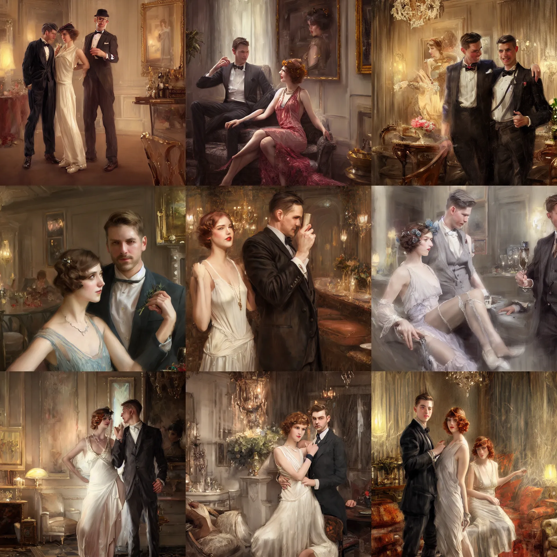 Prompt: daniel gerhartz and wlop detailed portrait, digital painting, concept art, 8 k resolution, of a 1 9 2 0 s beautiful couple at a party in a mansion, mansion interior in the background, unreal engine, hyper realism, realistic shading, cinematic composition, blender render, octane render, hdr, detailed textures, photorealistic, 3 5 mm film