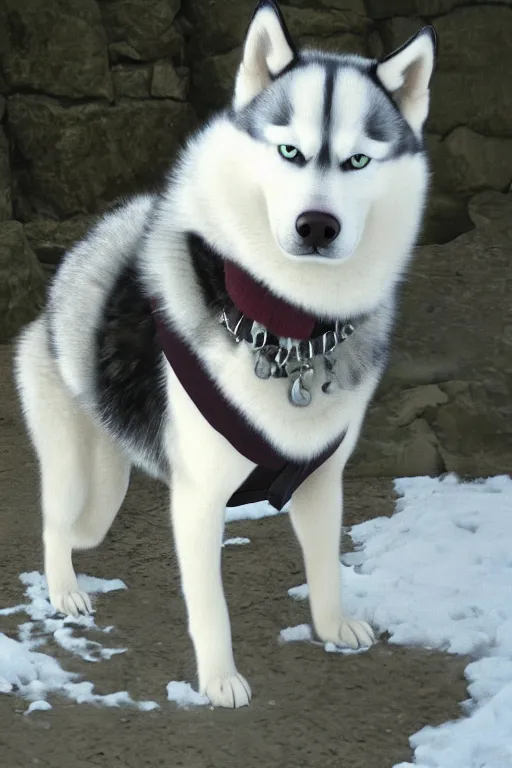 Image similar to a character design of a husky wearing a white vest