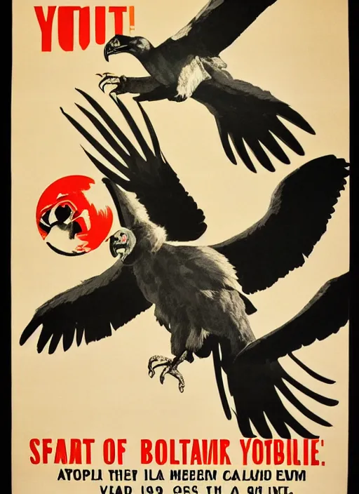Prompt: vulture look in 1940s propaganda poster