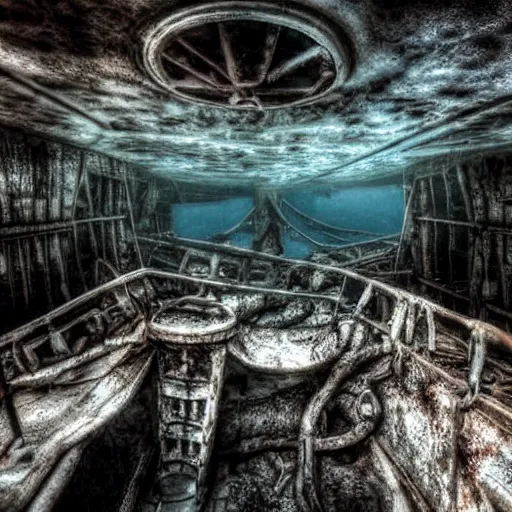 Prompt: inside of a rusty shipwreck, underwater, creepy, horror, eerie, scary,