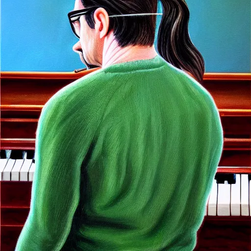 Image similar to An Oil Painting of the back view of Rivers Cuomo in a sweater with long hair and a mustache masterfully playing the piano, hyperrealistic, extremely realistic, highly realistic, HD Quality, 4k resolution, 8k resolution, Detailed, Very Detailed, Highly Detailed, Extremely Detailed, Intricate Details, Real, Very Real, Oil Painting, Digital Painting, Painting, Trending on Deviantart, Trending on Artstation