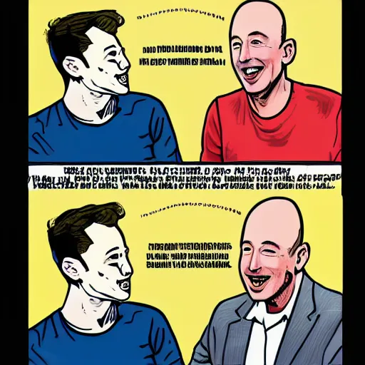 Prompt: illustration of a meeting between elon musk, mark zuckenberg, jeff bezos, very detailled, by artgem