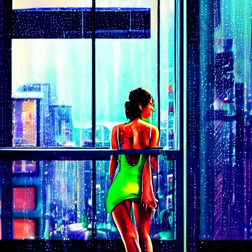 Prompt: A digital painting of a beautiful woman in a tiny dress in a yoga pose on a bed feet up and the window to a rainy cyberpunk city. rain. neon lights. glass reflections. high detail. night. dark lightning.