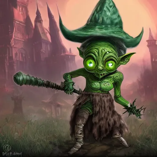 Image similar to cute tiny goblin girl with green skin wearing hunter armor from Bloodborne and a wizard hat, d&d, digital art