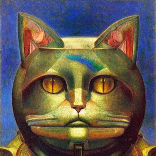 Image similar to masterpiece painting of a mechanical robot cat head, by annie swynnerton and diego rivera and nicholas roerich and jean delville, symbolist, dramatic lighting, god rays, elaborate geometric ornament, art brut, rich colors, smooth, sharp focus, extremely detailed, adolf wolfli and ( donato giancola )