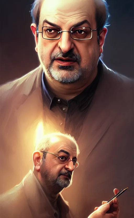 Image similar to portrait of salman rushdie, deep focus, d & d, fantasy, intricate, elegant, highly detailed, digital painting, artstation, concept art, matte, sharp focus, illustration, art by artgerm and greg rutkowski and alphonse mucha