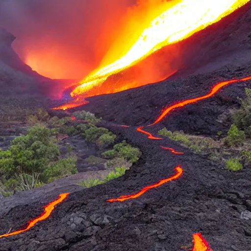 Image similar to a panoramic landscape with a stream of lava flowing down the valley. From the hills many KFC buckets on sticks are poking out on different angles