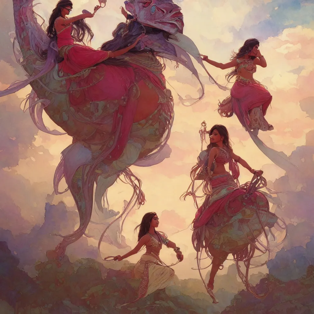 Prompt: indian woman riding a giant tuna, romantic storybook fantasy, soft cinematic lighting, award, disney concept art watercolor illustration by mandy jurgens and alphonse mucha and alena aenami, pastel color palette, featured on artstation, epic, sharp focus, highly detailed, concept art, clean