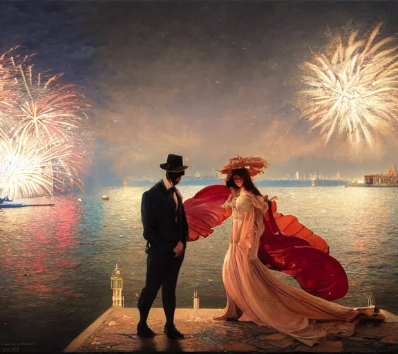 Image similar to photography of a 1 8 th couple in venice with fireworks, deep focus, intricate, elegant, highly detailed, digital painting, artstation, concept art, matte, sharp focus, illustration, art by artgerm and greg rutkowski and alphonse mucha and gil elvgren