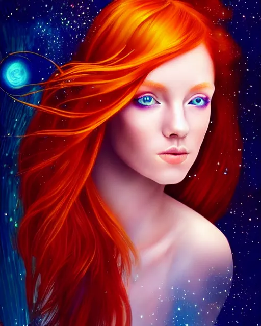 Image similar to space astral portrait of a beautiful girl, red hair, ginger hair, fantasy, glowing skin, smooth face, perfect eyes, half body shot, tarot card