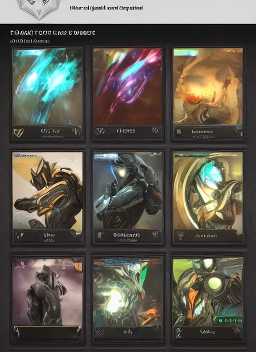 Image similar to warframe with trading card ui and ornate border frame, art station