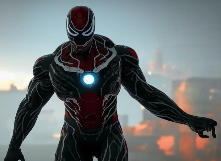 Image similar to venom fused with iron man, ultra realistic 4 k unreal engine very cinematic render with ray tracing bloom ambient occlusion strong reflections