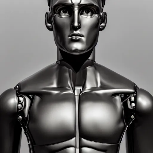 Image similar to a realistic detailed photo of a guy who is an attractive humanoid who is half robot and half humanoid, who is a male android, boxer and youtuber jake paul, shiny skin, posing like a statue, blank stare, at the museum, on display