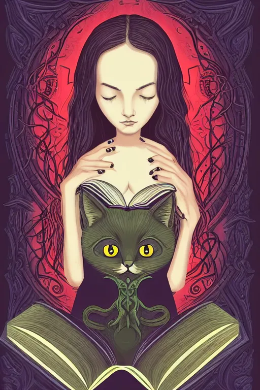 Image similar to ai illustration of romantic girl, her cat and her book of necronomicon, symmetrical, cinematic, sharp focus, 4 k, ultra hd, sense of awe, sinister demonic atmosphere, dreadful, forbidden knowledge, old gods, cthulhu, yog - sothoth! yah, yah, yah! cultist journal cover