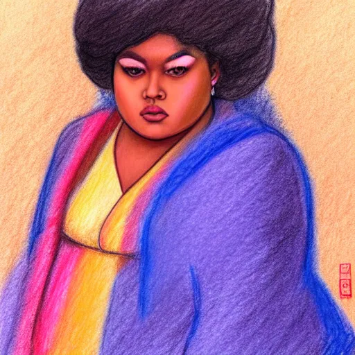 Image similar to crayon drawing of ☁✨🌙👩🏾, plus size woman, soft elegant gown, neon god of city character portrait, in the style of margaret keane, moebius, tom bagshaw, and waterhouse, cinematic lighting, beautiful, elegant, oil painting,