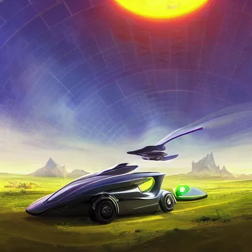 Image similar to solarpunk hovercar, clean energy, green technology, batoidea shape, airspace, sunny day, futurism, intricate, engines, glow, highly detailed, peaceful, utopia, bright, digital painting, artstation, concept art, smooth, sharp focus, epic landscape, art by akihiko yoshida and tim mcburnie and anato finnstark