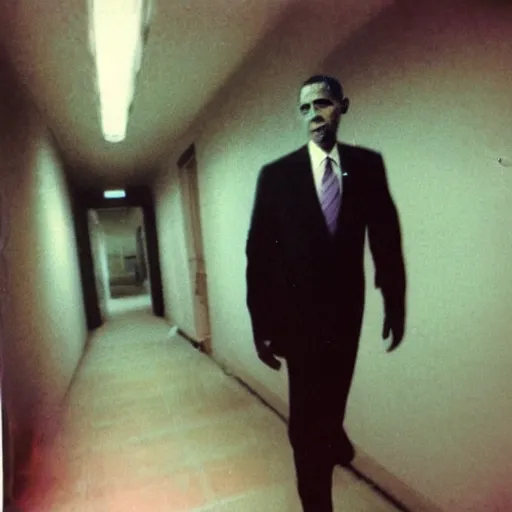 Image similar to A creepy polaroid photo of Obama chasing you down an empty hallway