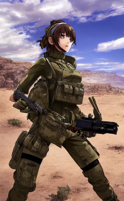 Image similar to portrait of a female soldier, highly detailed, high resolution, desert in the background, anime style, stunning, girls frontline style, bokeh soft, 3d rendering, guilty gear strive graphics, 100mm, trending on instagram, by professional photographer, realistic human anatomy, realistic military carrier, modern warfare, realistic weapon, shot with a arriflex 35 ii, low saturation, small eyes in Cyberpunk 2077