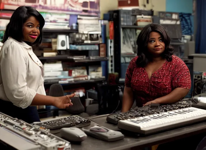 Image similar to cinematic shot of octavia spencer in an small used electronics store hands on an old electronic keyboard, iconic scene from the paranoid thriller sci fi film directed by pt anderson, anamorphic lensesy, beautiful composition, moody cinematography, overhead lighting, color theory, leading lines, photorealistic, volumetric lighting, hyper detailed 4 k image,