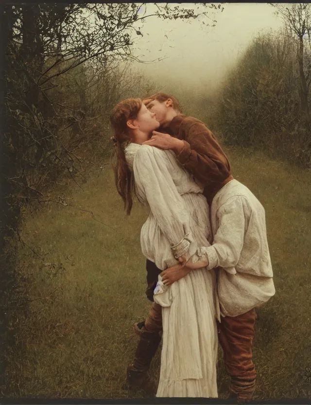 Image similar to peasant boy and girl first kiss, on a village, Cinematic focus, Polaroid photo, vintage, neutral colors, soft lights, foggy, by Steve Hanks, by Serov Valentin, by lisa yuskavage, by Andrei Tarkovsky oil on canvas