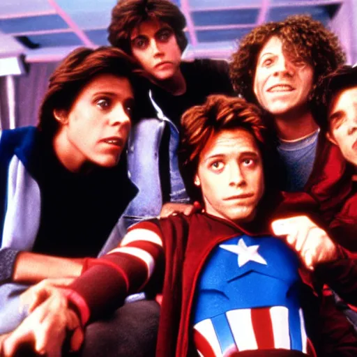 Image similar to still movie frame of the breakfast club but with the avengers. highly detailed. studio lighting.