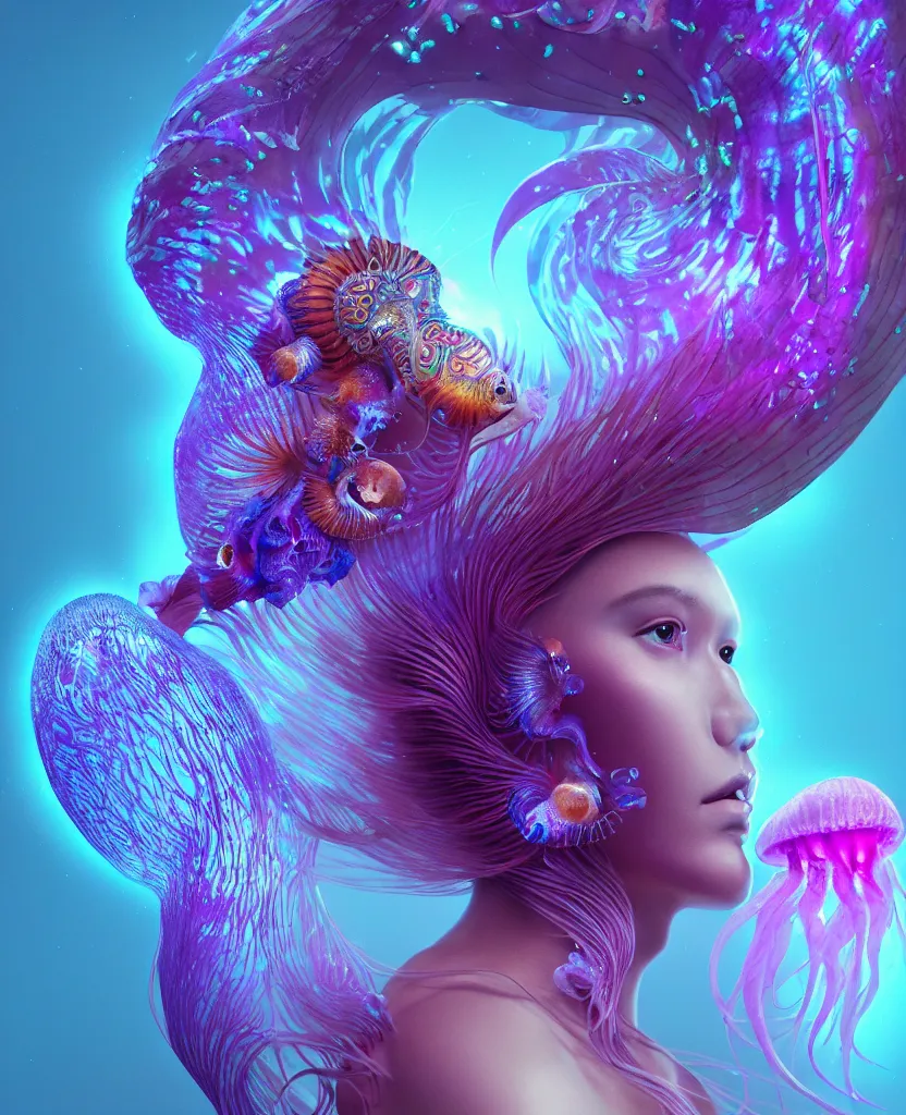 Image similar to goddess close-up portrait. dichroic orchid jellyfish phoenix head, nautilus, skull, betta fish, bioluminiscent creatures, intricate artwork by Tooth Wu and wlop and beeple. octane render, trending on artstation, greg rutkowski very coherent symmetrical artwork. cinematic, hyper realism, high detail, octane render, 8k