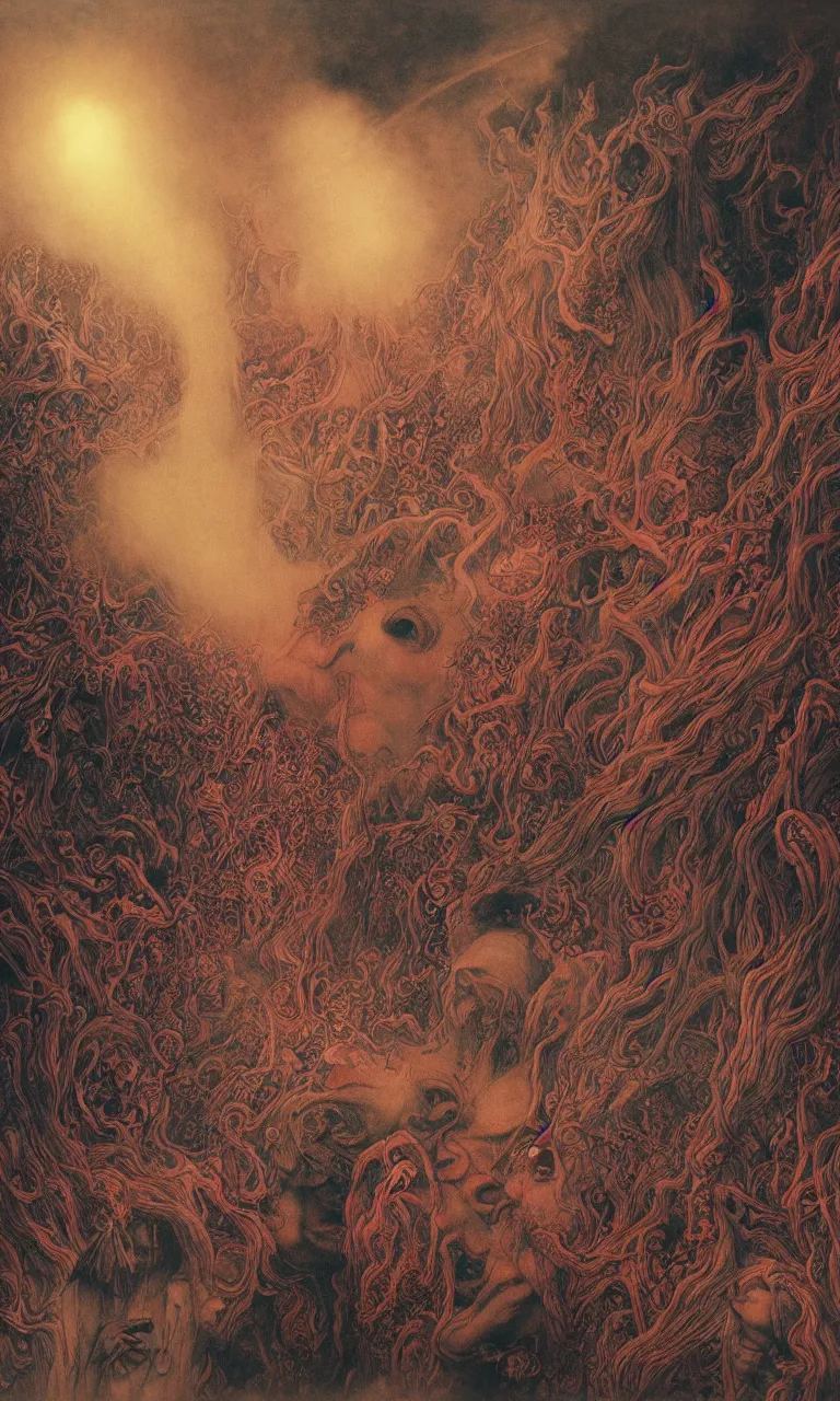 Image similar to zhongyuan festival, chinese ghost festival, king of hell, inside page of comic book, psychedelic lights and fog, in the style of zdzislaw beksinski, ayami kojima, takato yamamoto, barclay shaw, karol bak, glowing light and shadow, hyperrealist