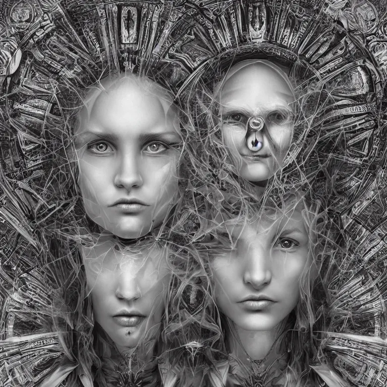 Prompt: An epic photo illustration of female symmetrical portrait by Michael Sydney Moore, Alex Grey, Irakli Nadar, hyper detailed, 50mm, award winning photography