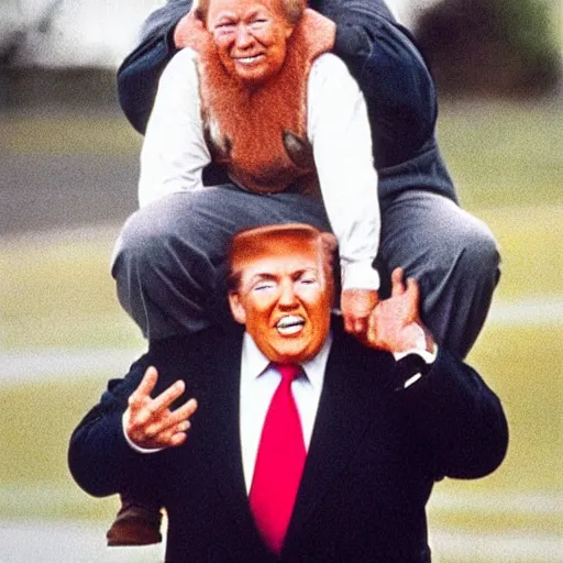 Image similar to dwarf trump getting a piggy - back ride from reagan