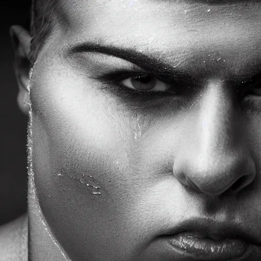 Image similar to a close up portrait of a beautiful athletic young persian male with his face covered in silver leaf , photographed by erwin olaf, artistic