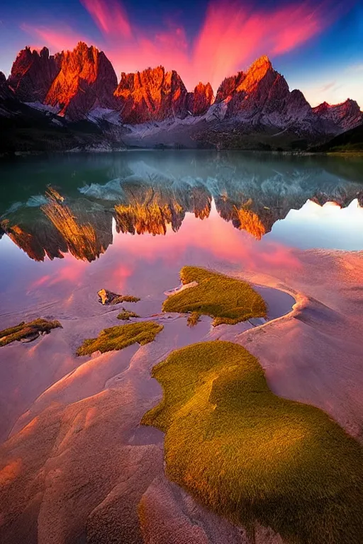 Prompt: a lake and dolomites by marc adamus, sunset light