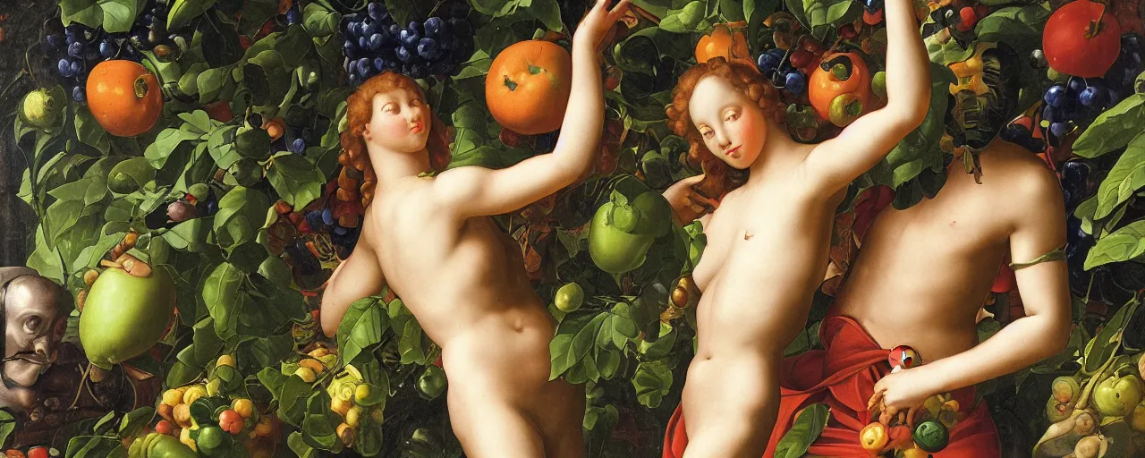 Image similar to cyborg and human, garden with fruits on trees, closeup, ultra detailed, Guido Reni style