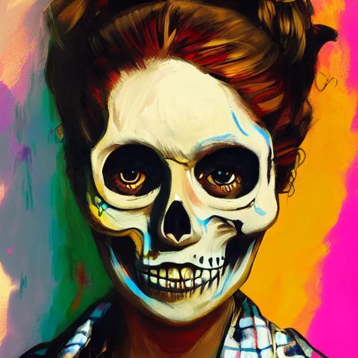 Prompt: a portrait of a girl skull face, in the style of banksy, nintendo, van gogh, atey ghailan and steve mccurry, vibrant colors and hard shadows and strong rim light, lucien freud, comic cover art, trending on artstation